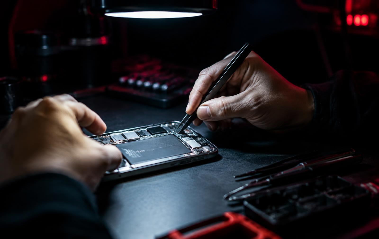 Techniker repariert ein Smartphone in der Werkstatt